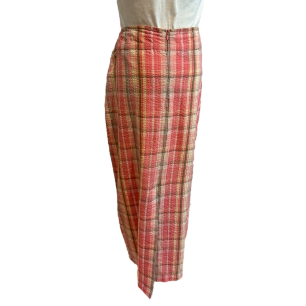 J PETERMAN 90s PINK & OLIVE GREEN PLAID SEERSUCKER PENCIL MIDI SKIRT SZ 12 - Picture 7 of 9